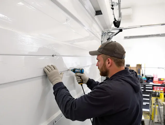 South Pasadena Garage Door Repair technician demonstrating precision dent removal techniques on a South Pasadena garage door